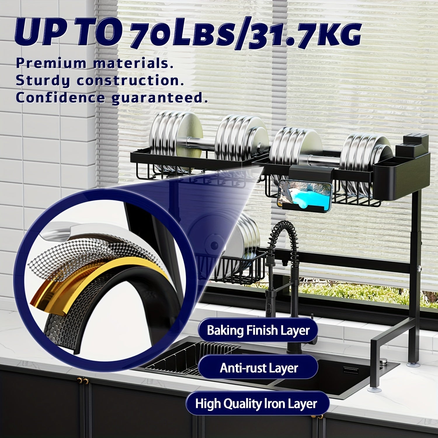 Stainless Steel Over Sink Dish Rack with Utensil Holder and Plate Storage