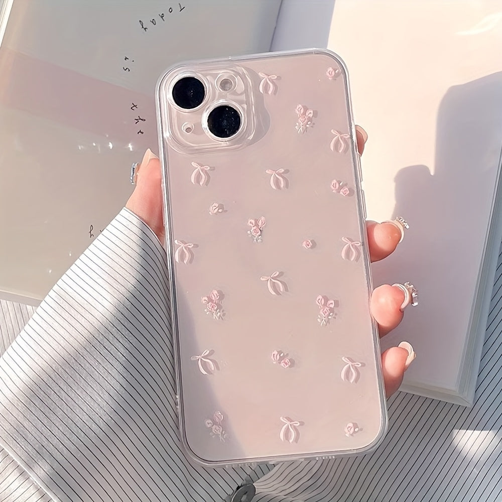 Transparent TPU Phone Case with Pink Bow Design for iPhone 11 12 13 14 15 16 Pro Max XR Plus