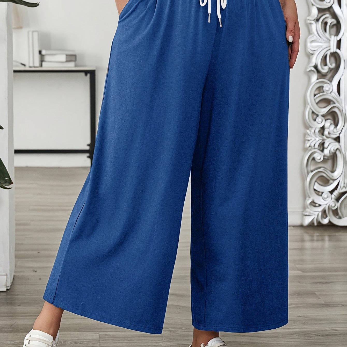 Plus Size Women's Solid Color Elastic Waist Wide Leg Pants Casual Summer