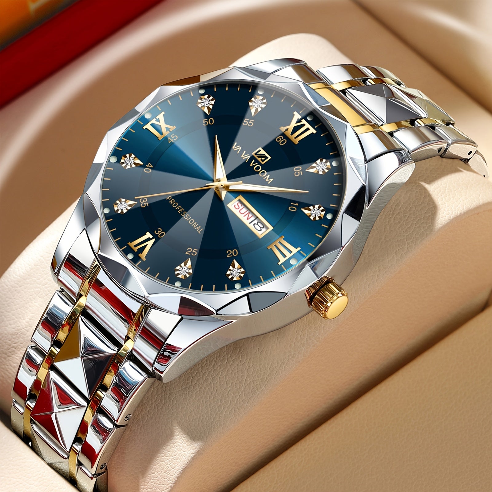 Men's Stainless Steel Watch with Night Glow Rhinestone Rivets Business Style