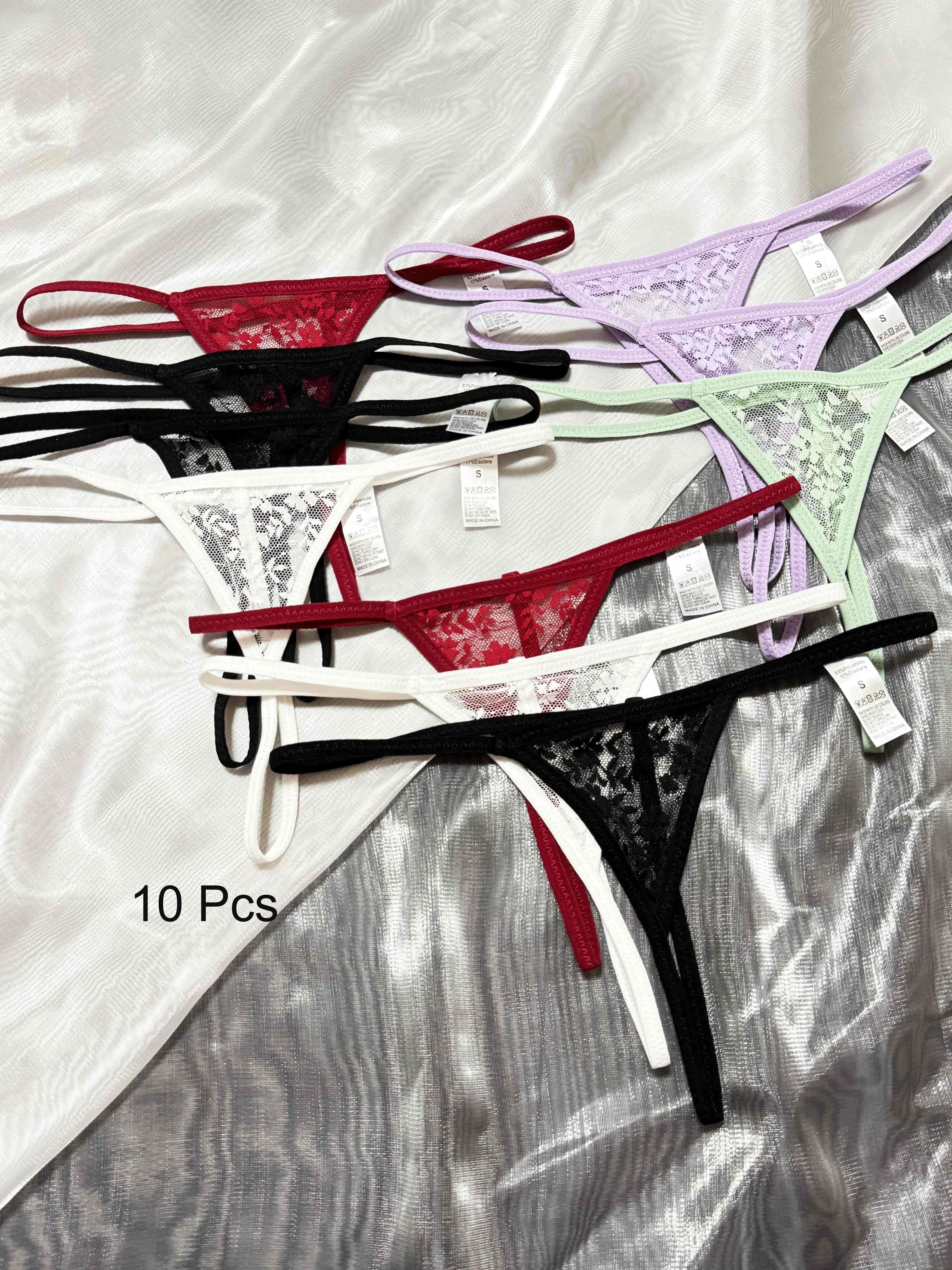 10-Pack Women's Lace Thong Panties Low-Rise Polyamide Transparent Triangle Solid Color