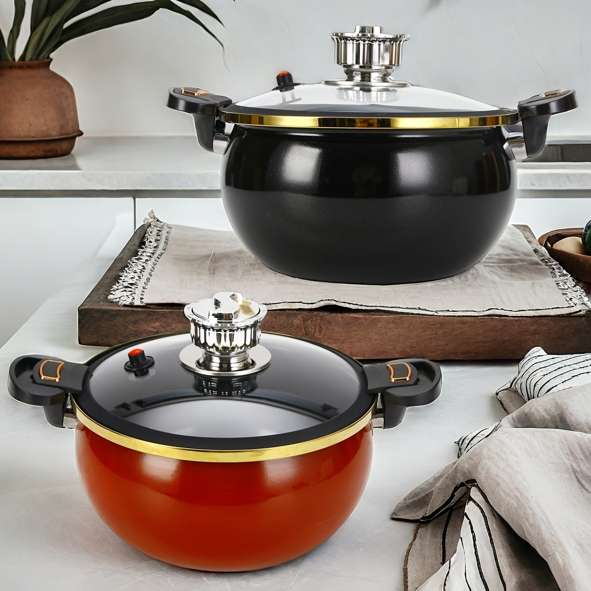 Enamel Pressure Cooker 236oz Black Red Golden Lid Automatic Timer Sealed Stovetop
