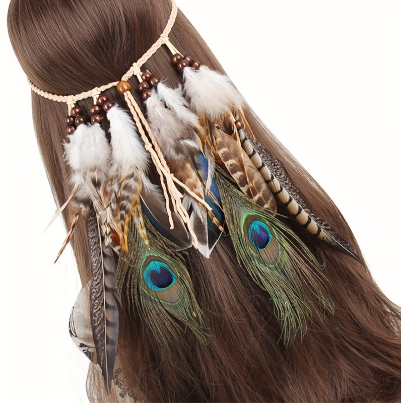 Bohemian Peacock Feather Headband with Tassels for Women