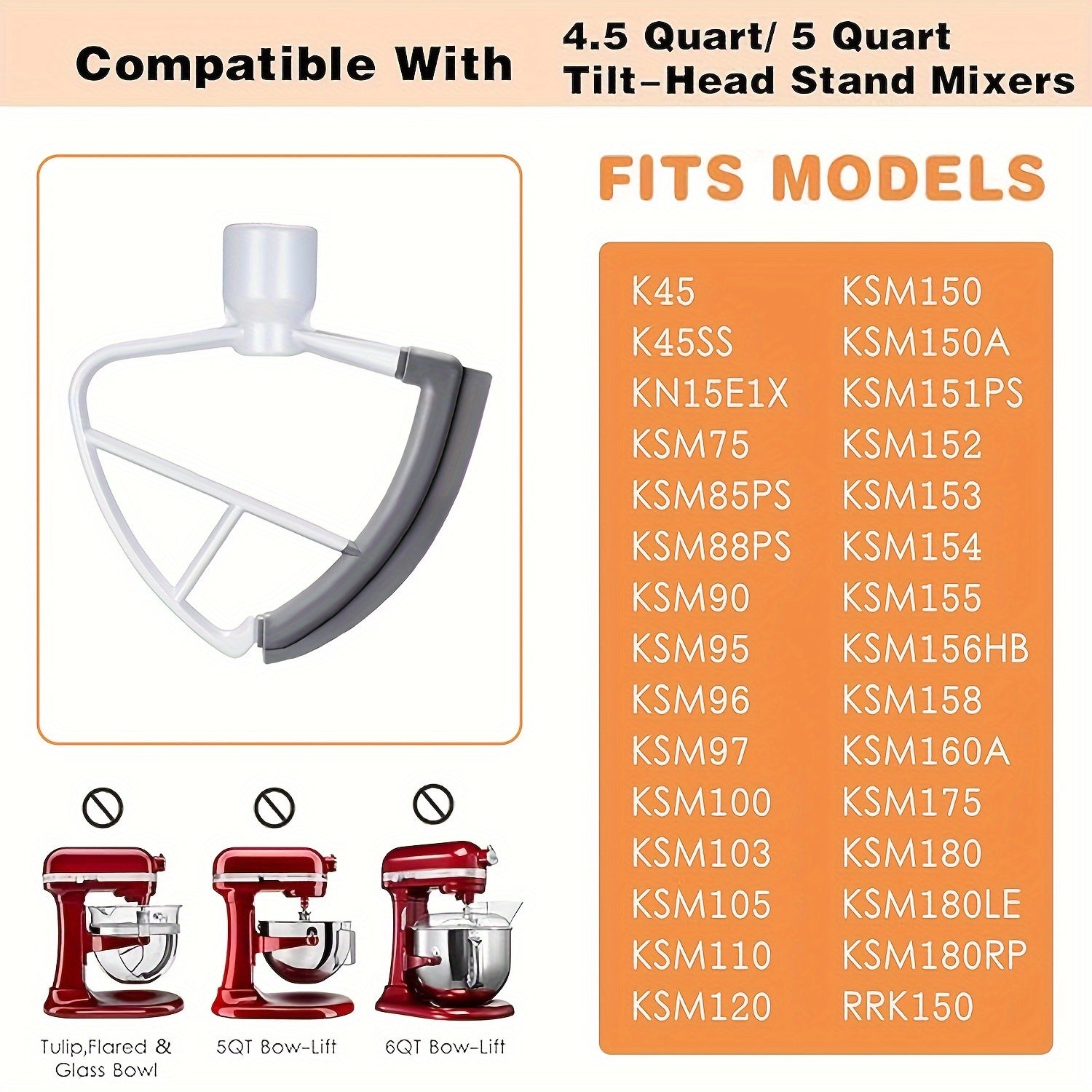 4.5 Quart Wire Whip and Beater Set for Tilt-Head Stand Mixers with Flat Coated Paddle and Silicone Edges