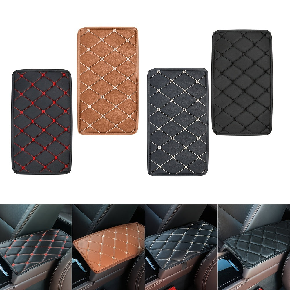 Car Armrest Cushion Leather Diamond Stitching Brown Center Console Cover Protector