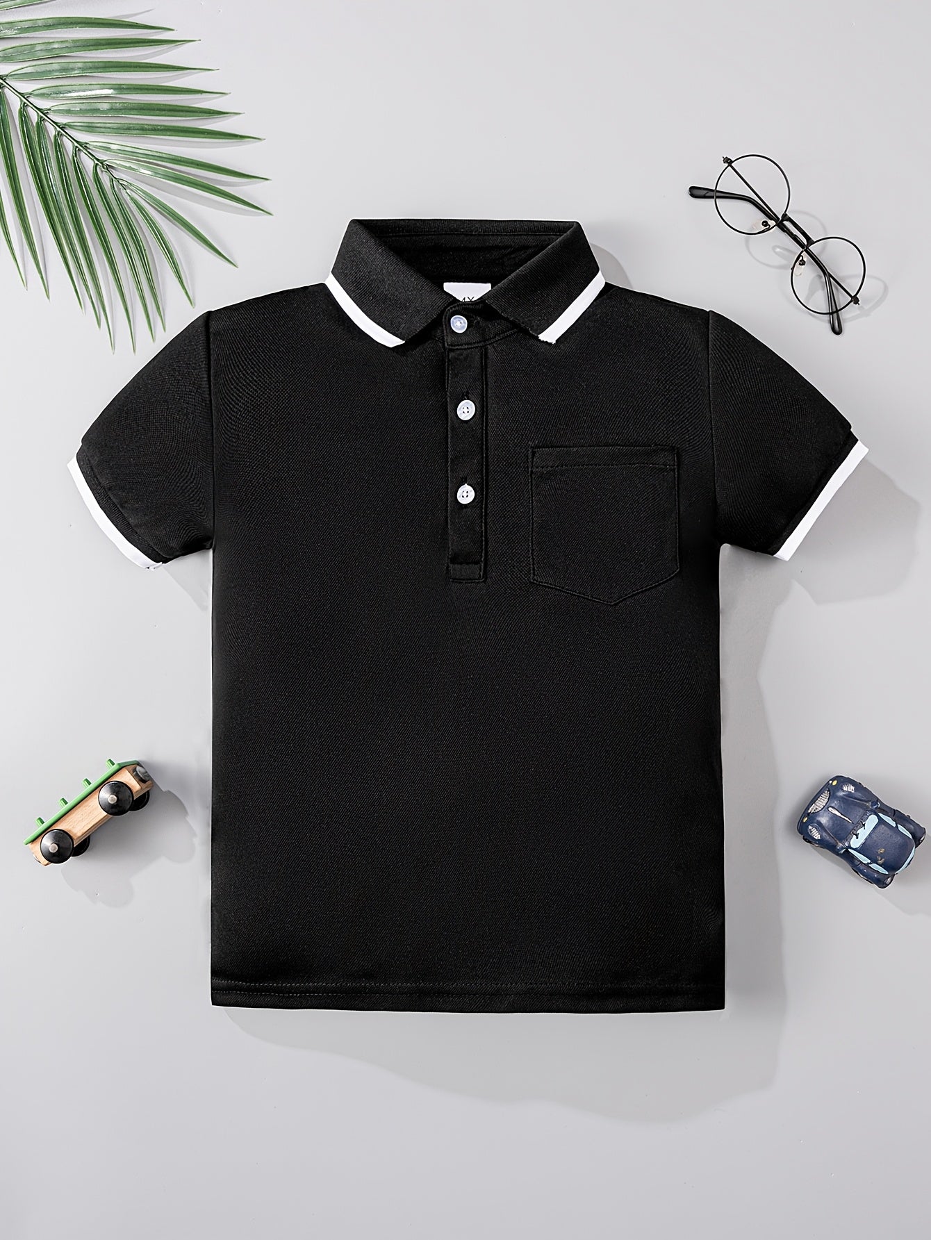 Boys Summer Black and White Knit Shirt Short Sleeve Pocket Casual Top
