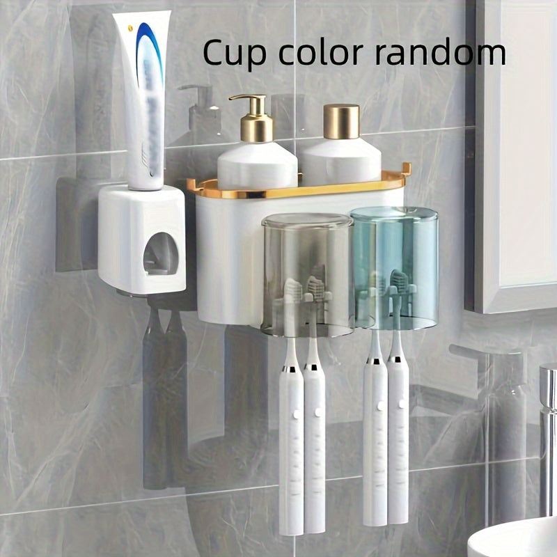 Plastic Wall-Mounted Toothbrush Holder with Gargle Cup Space-Saving Bathroom Organizer