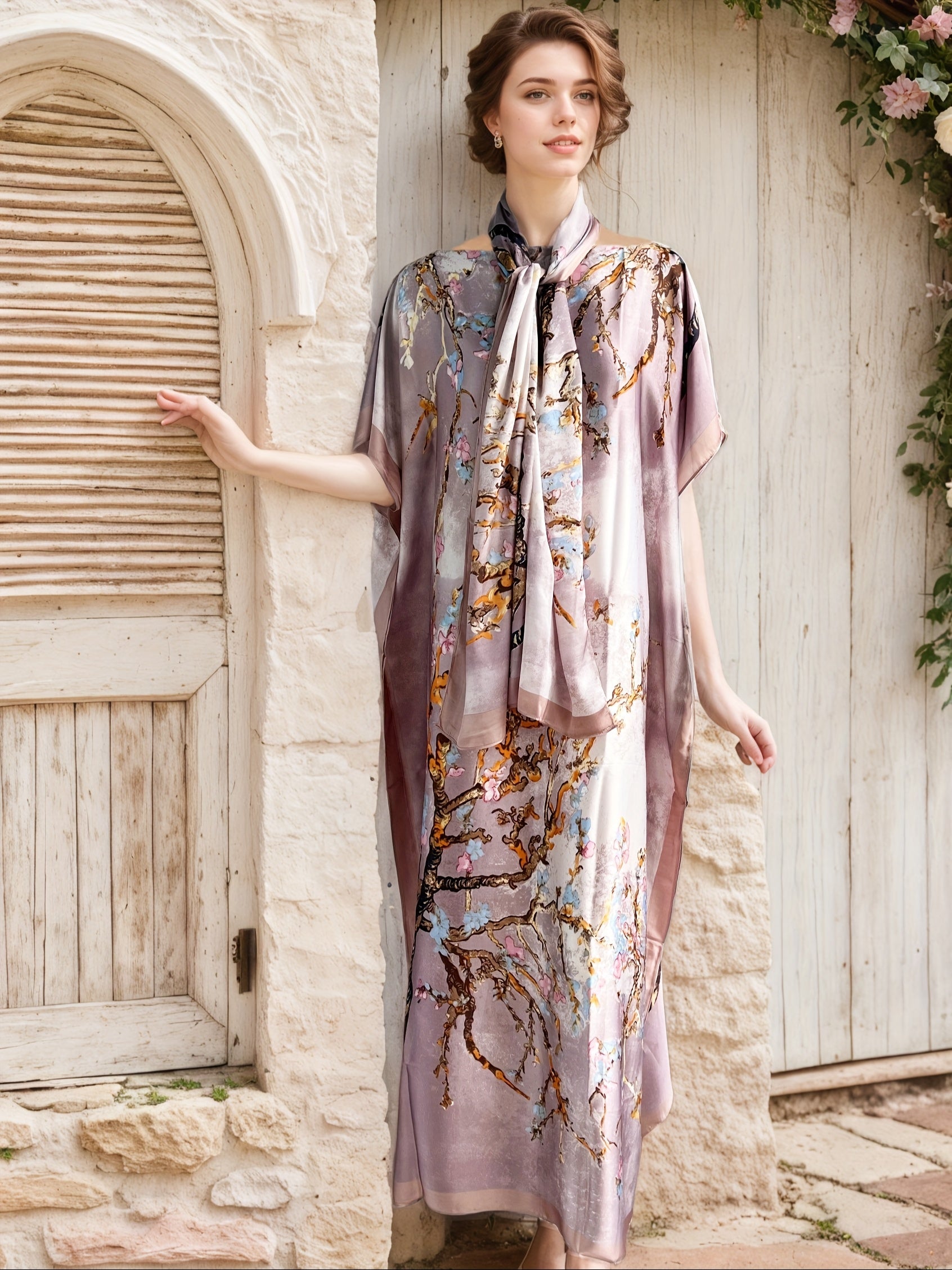 Plus Size Women's Floral Print Maxi Dress with Scarf Batwing Sleeves