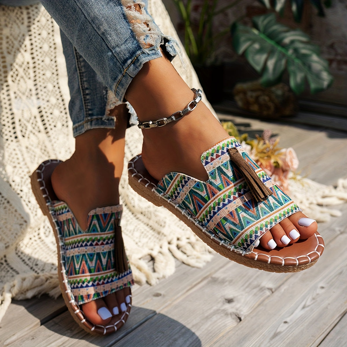 Women's Bohemian Fringe Sandals Colorful Striped Open Toe Beach Shoes