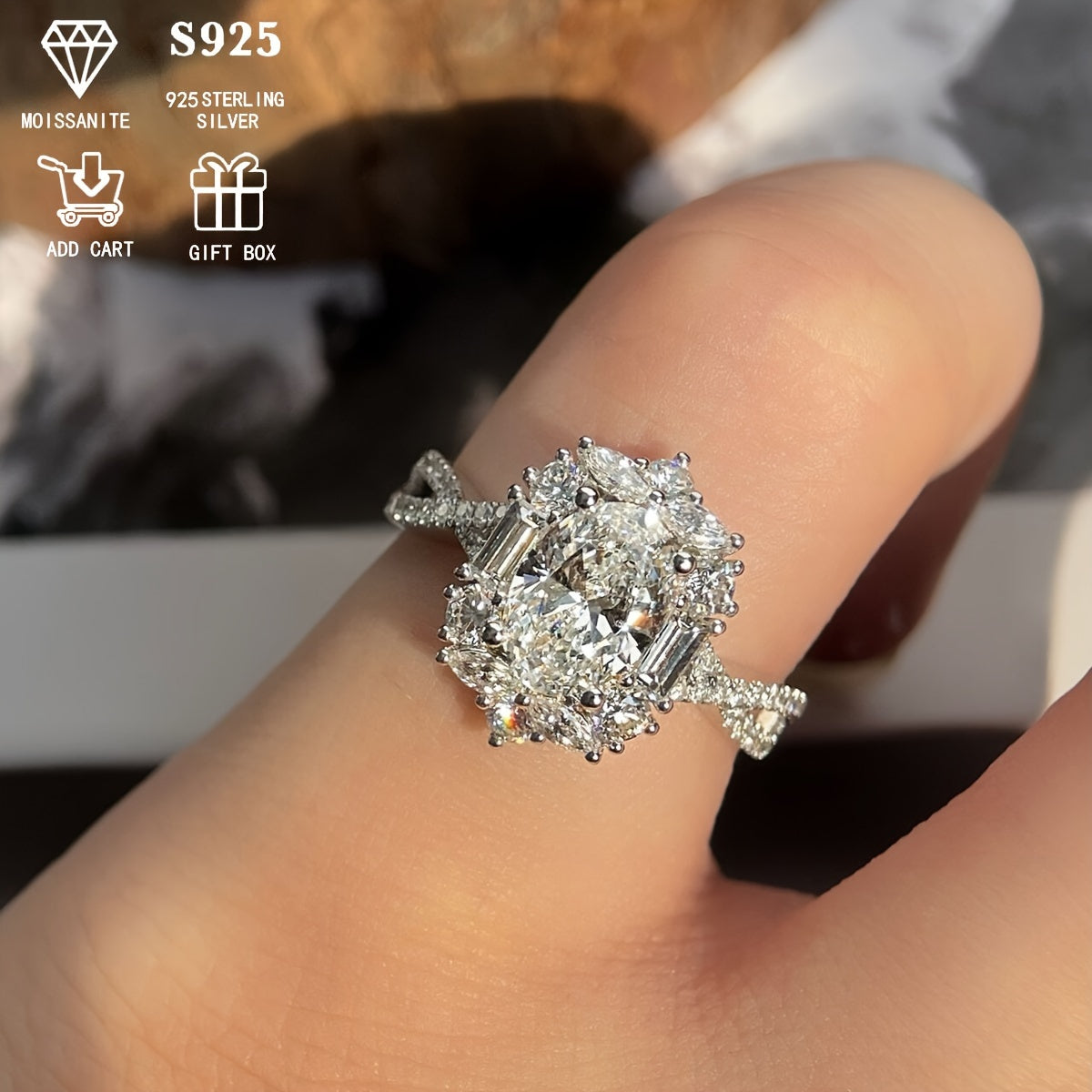 2ct Oval Moissanite Engagement Ring Sterling Silver Bohemian Cross Design for Weddings and Anniversaries