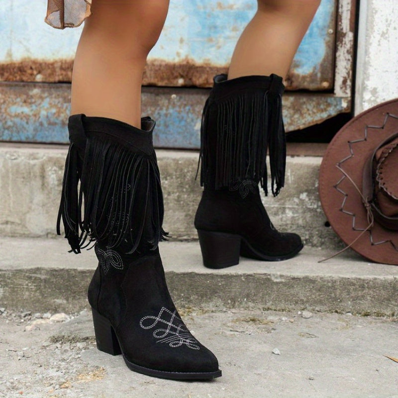 Women’s Pointed Toe Fringe Western Cowboy Boots Fabric With Rubber Sole