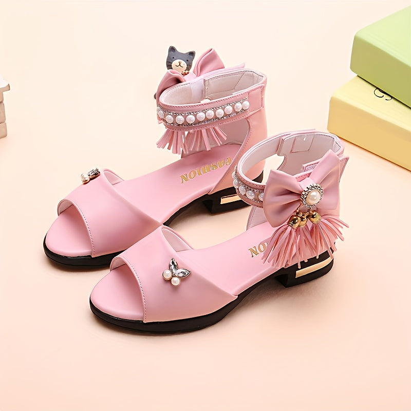 Girls Summer Open Toe Sandals with Bowknot Low Top PU Material for Vacation and Casual Wear