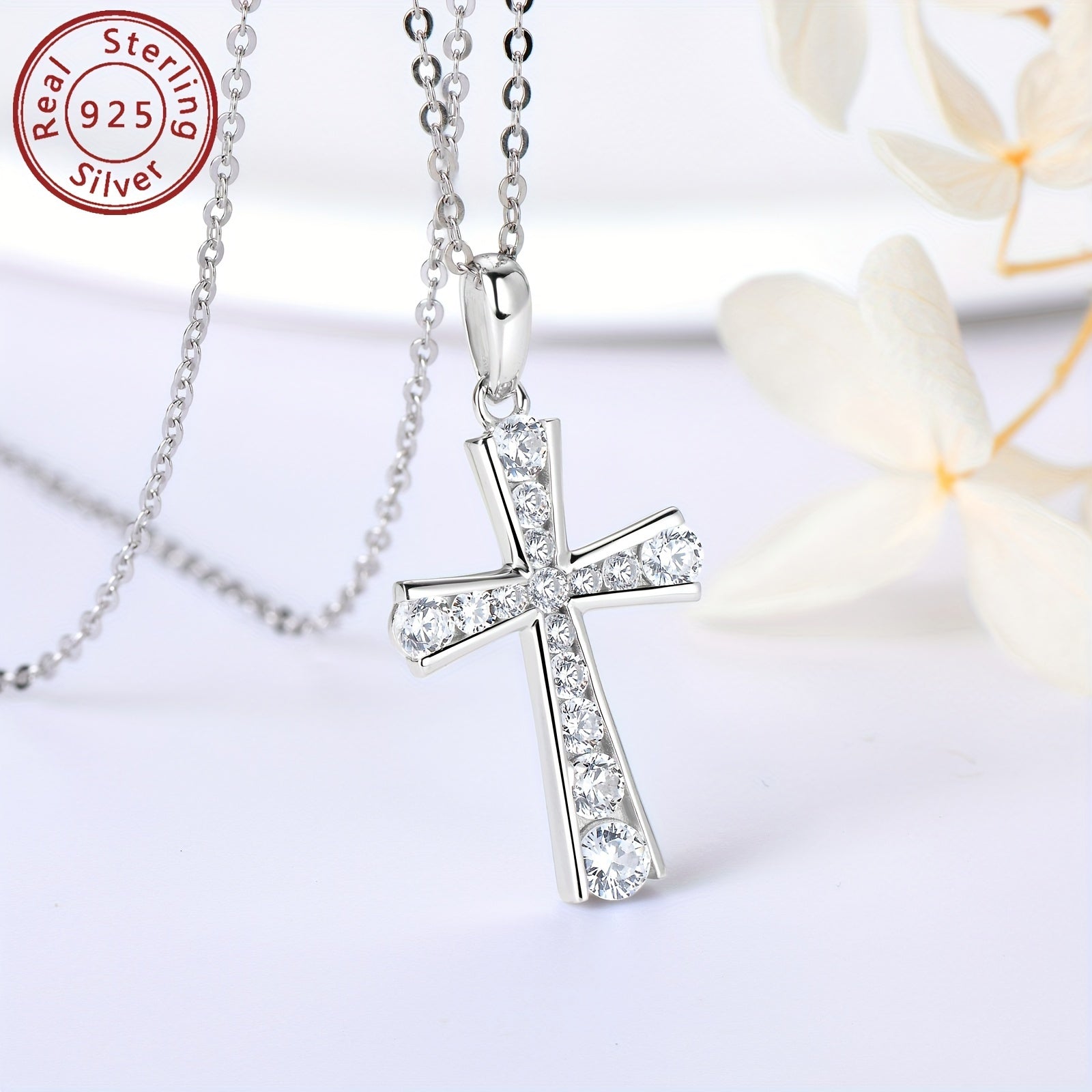 Sterling Silver Cross Pendant Necklace with Synthetic Zirconia Stones for Daily Wear