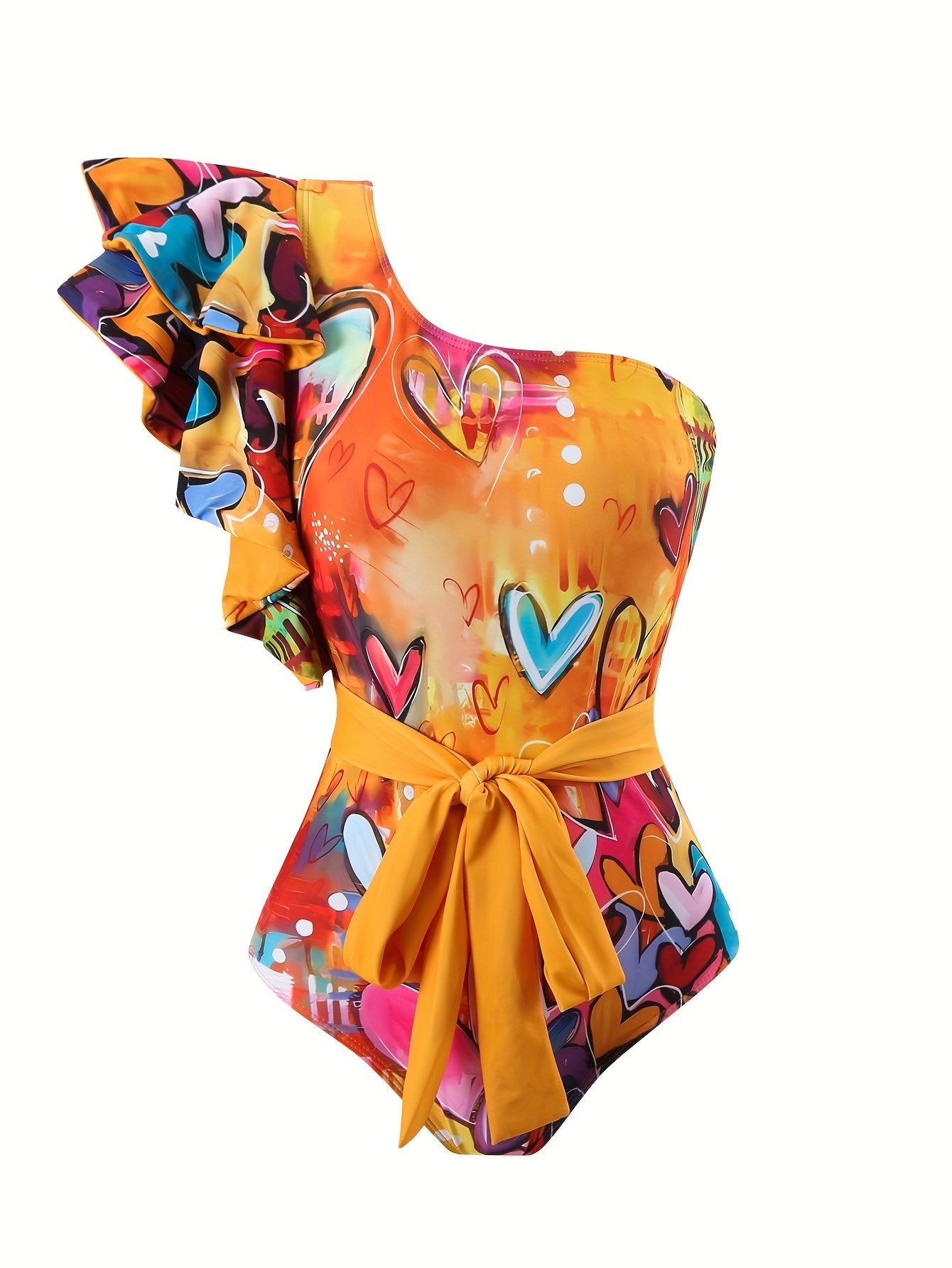 Women's Floral One-Shoulder Swimsuit Set with Blue Leaf Print High-Waisted Bottoms Ruffled Top Polyester Spandex