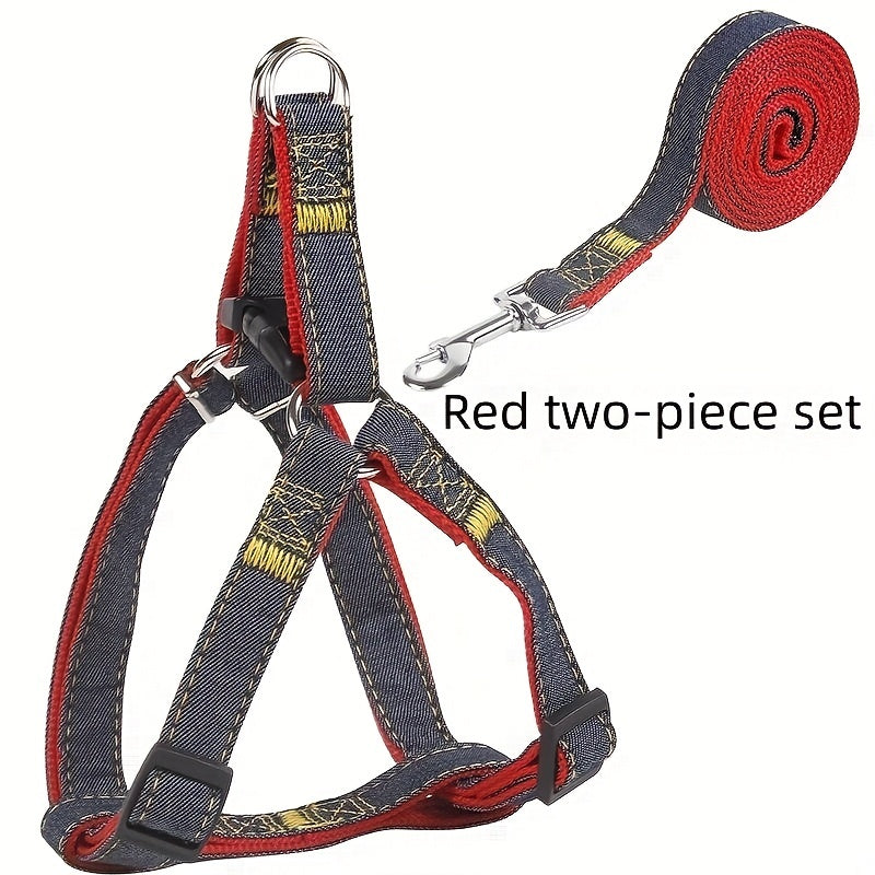 Adjustable Denim Dog Harness and Leash Set for Small to Large Breeds Polyester