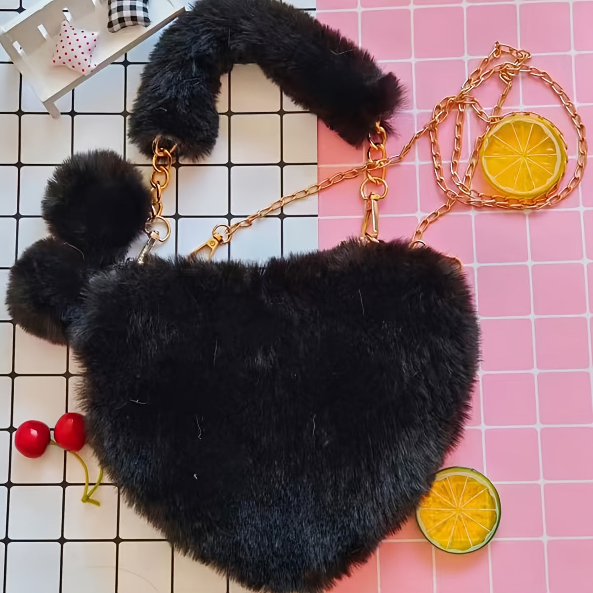 Elegant Heart-Shaped Plush Shoulder Bag with Zipper and Detachable Strap for Valentine's Day in Black White Red Khaki