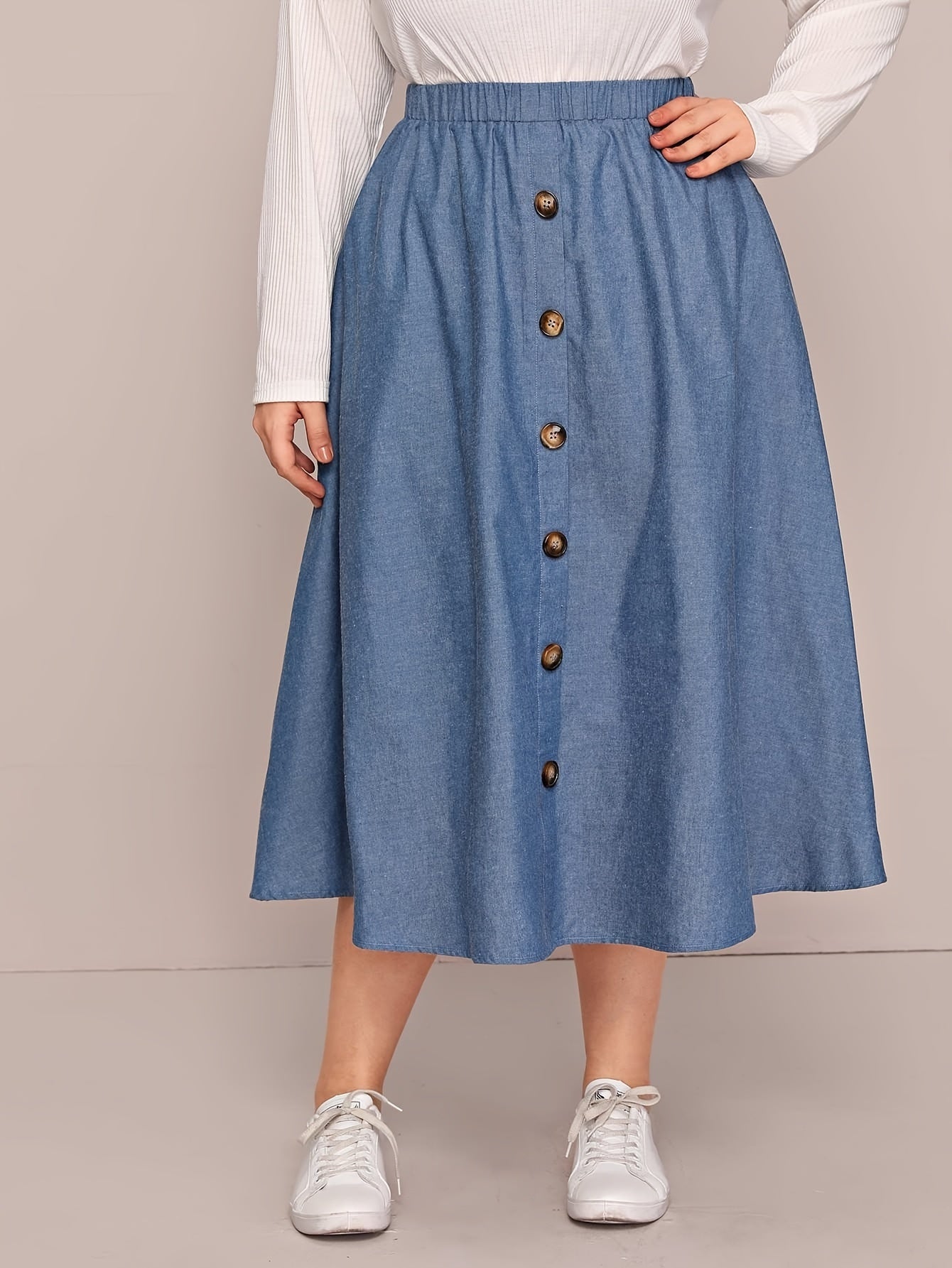 Plus Size Women's Light Blue A-Line Midi Skirt with Elastic Waist