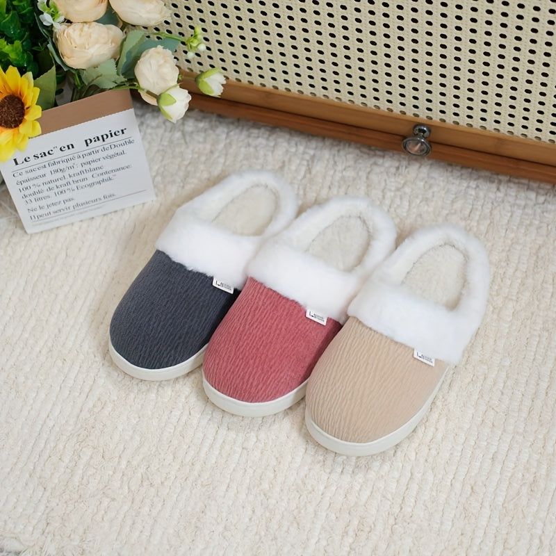 Unisex Fuzzy Slip-On Indoor House Slippers Warm Thick Plush Red Gray Beige