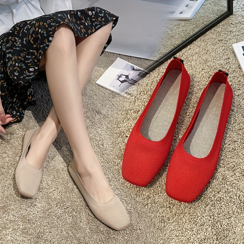 Women's Knit Flat Shoes Breathable Slip-On Square Toe Ballet Flats
