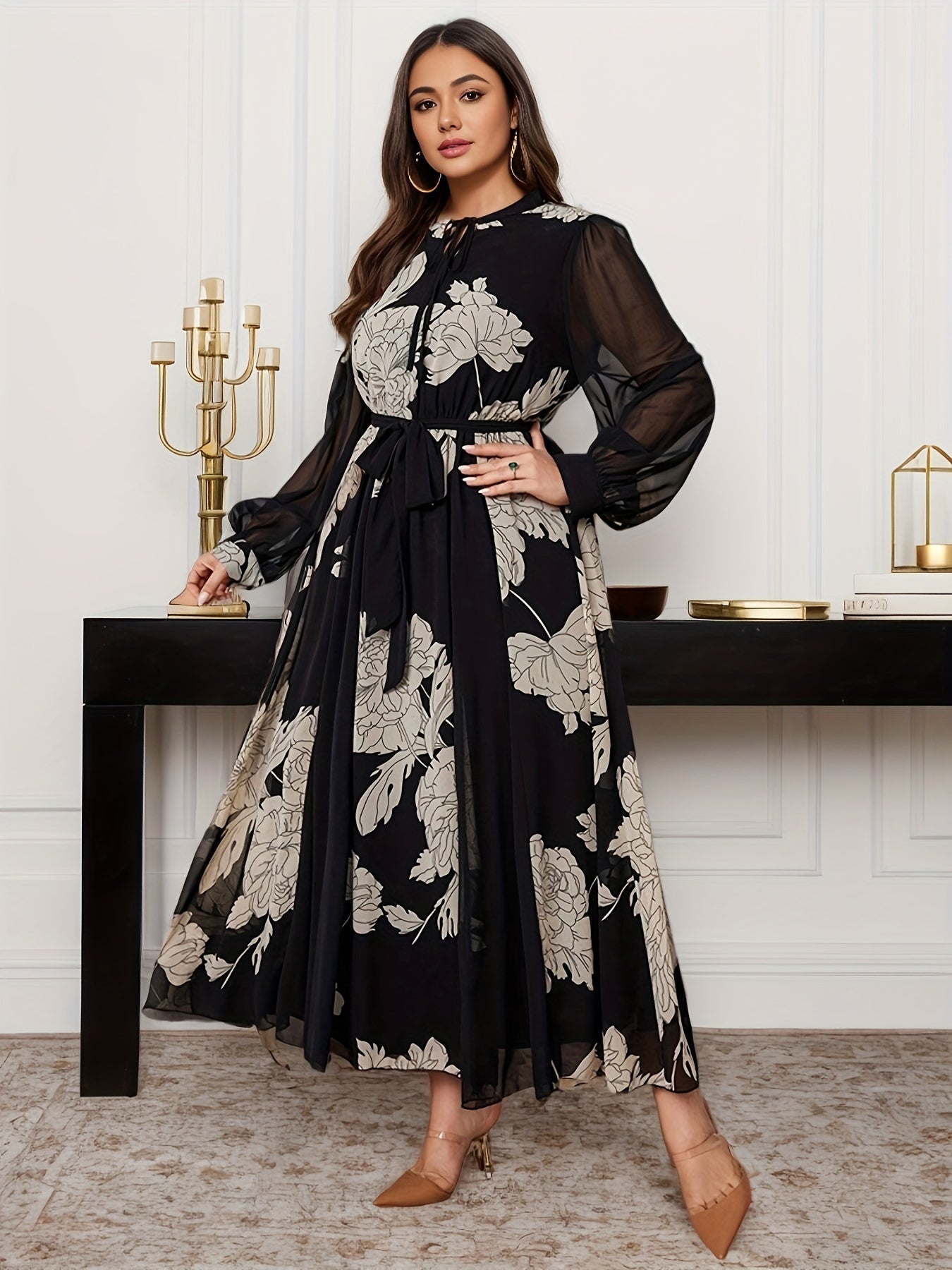 Plus Size Floral Chiffon Dress with Lantern Sleeves A-Line Midi for Spring Fall