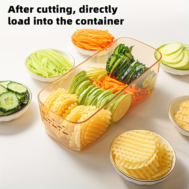 PP materialidan tayyorlangan ko‘p funksiyali maydalangan kartoshka va sabzavotlar kesgichi, batareyasiz va oziq-ovqat bilan aloqa qilish uchun xavfsiz. Qizil murchni kesish uchun ideal.