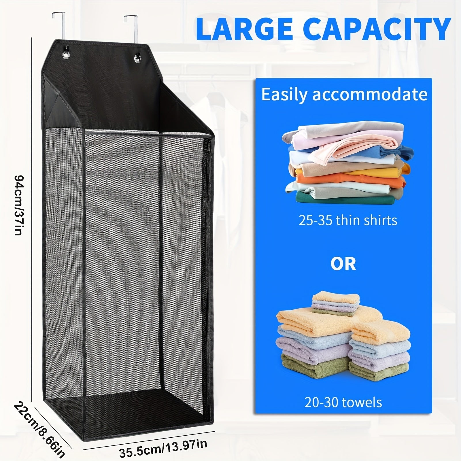 Foldable Hanging Laundry Hamper with Hooks Zipper Mesh for Bathroom Dorm Small Spaces
