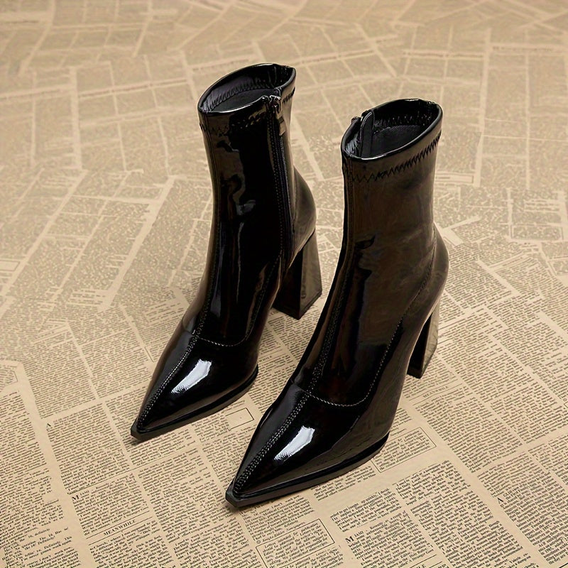 Women's Solid Color Block Heeled Ankle Boots With Side Zipper