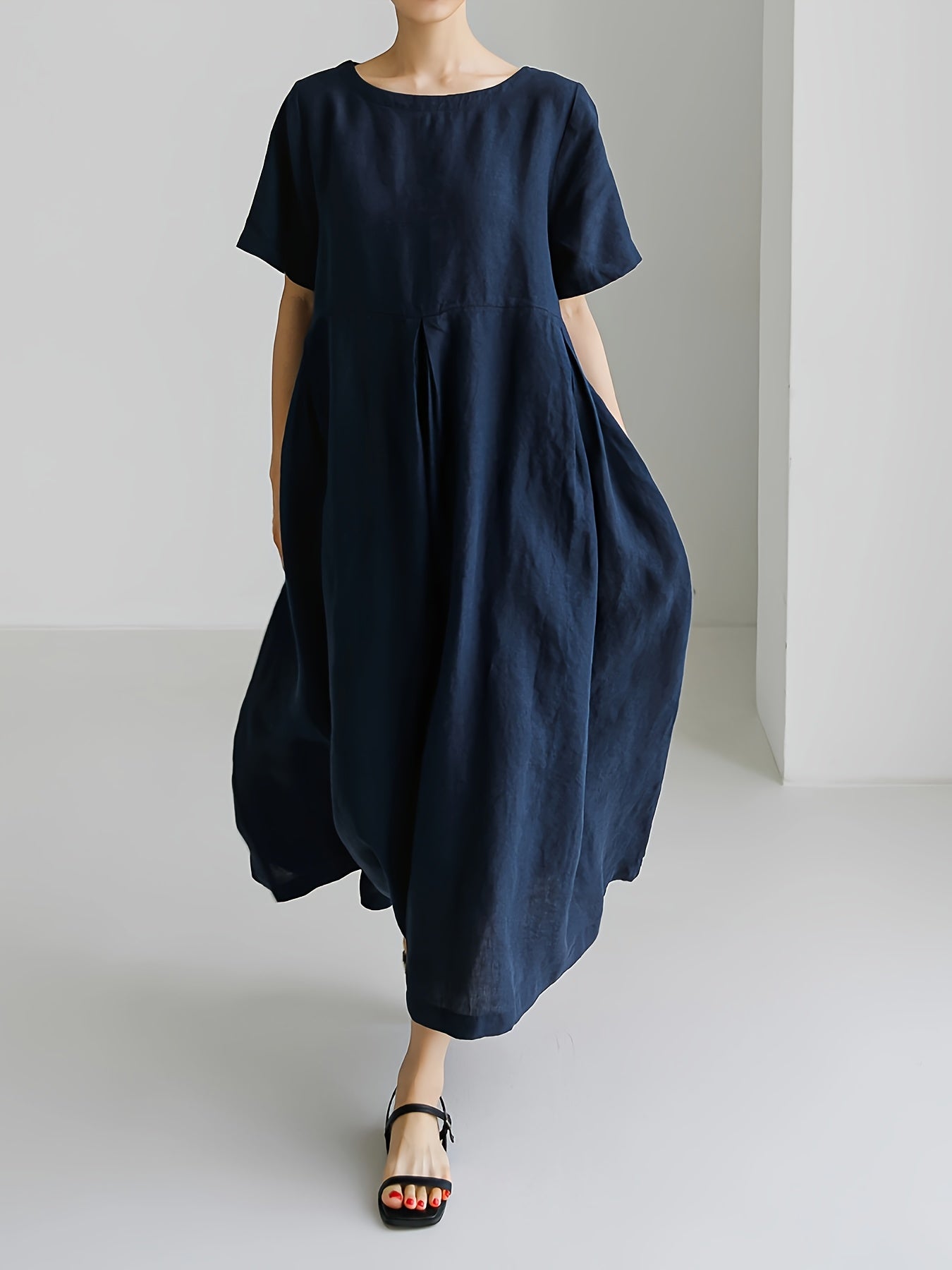 Women's Linen Blend Midi Dress with Oversized Flowy Skirt Short Sleeve Spring Summer