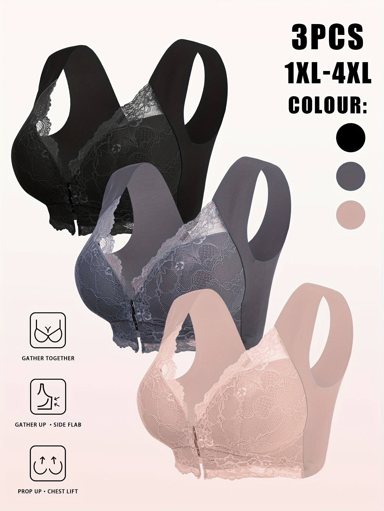 Plus Size Women’s Wire-Free Lace Bra with Wide Straps and Contrast Lace