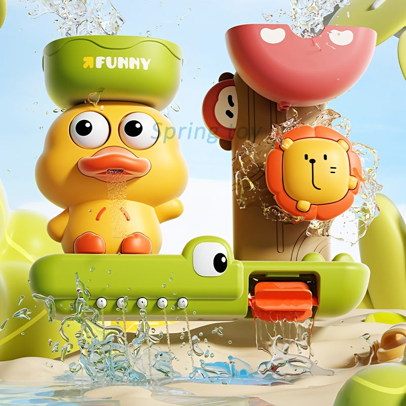 Colorful Cartoon Duck Bath Toy Set for Kids with Suction Cup Spraying and Rotating Features in Orange Green Yellow