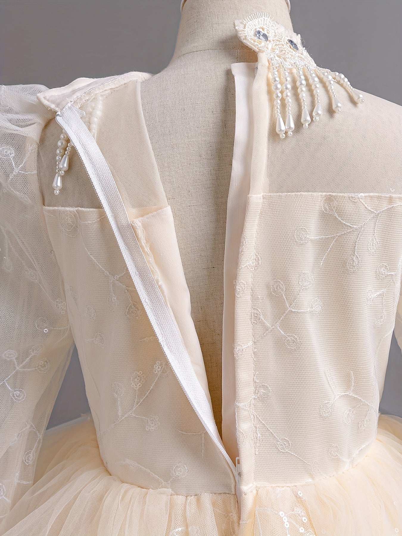 Girls Long Sleeve Evening Gown with Pearl Detail for Girls' Formal Events Polyester Dress