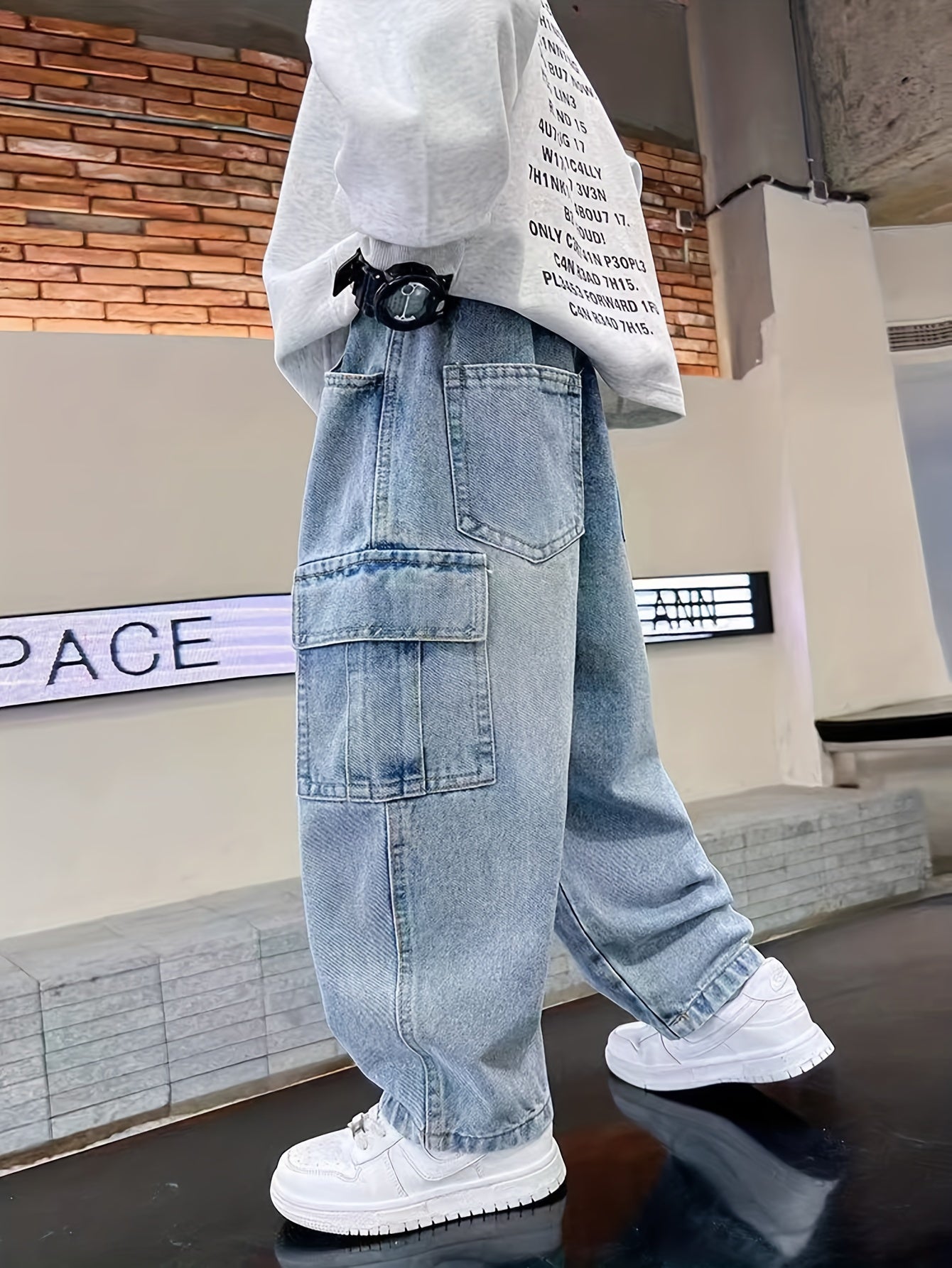 Boys' Denim Cargo Pants with Pockets Elastic Waist Loose Fit Casual Kids' Long Length