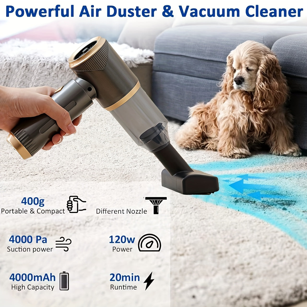 Cordless Handheld Vacuum Cleaner 4000PA Suction Lightweight Car Home Dust Pet Hair