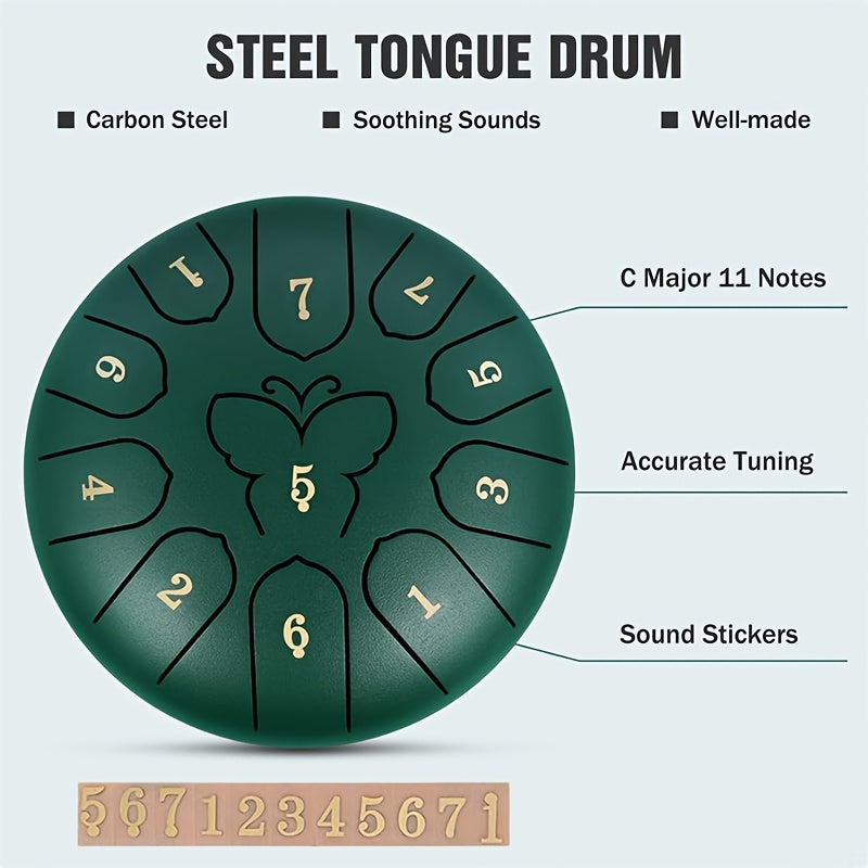 Steel Tongue Drum 11 Notes Carbon Steel for Sound Healing Meditation with Carry Bag and Accessories