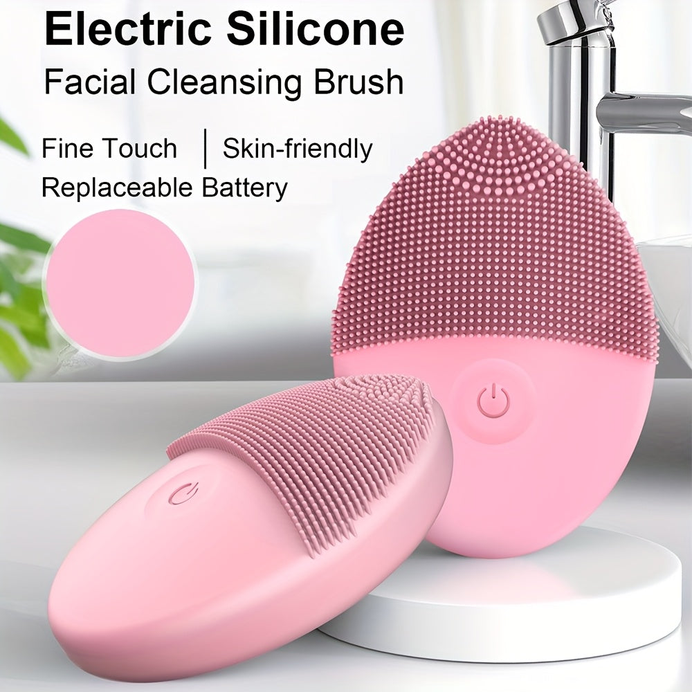 Pink Electric Facial Cleansing Brush with Soft Silicone Bristles Exfoliating Massager Battery Powered