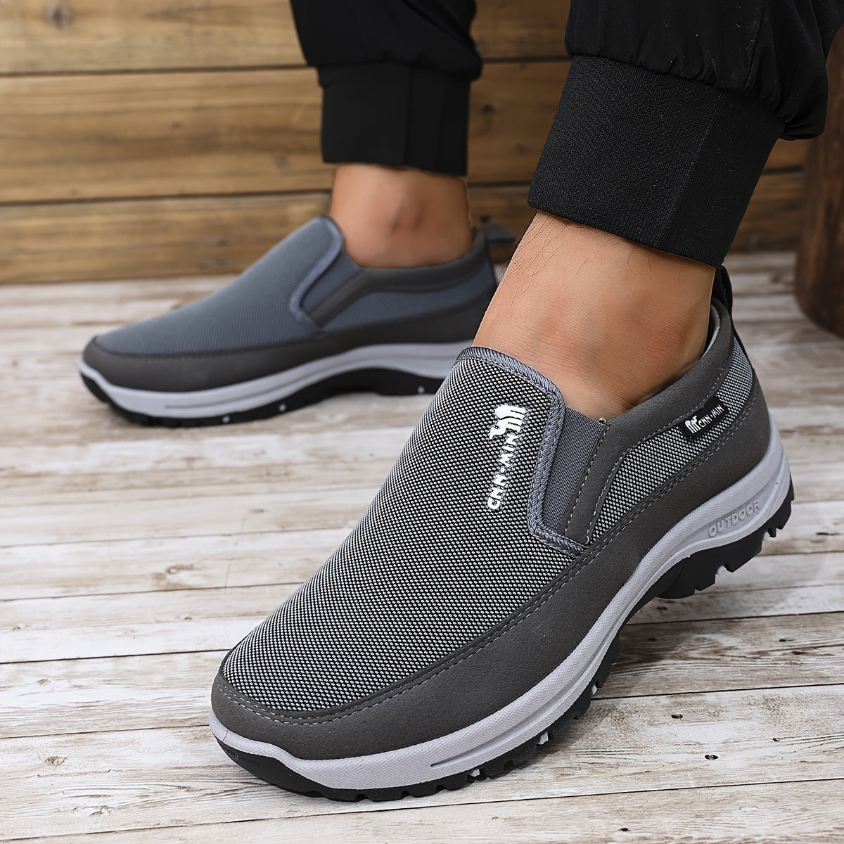 Men's Breathable Knit Slip-On Sneakers for Outdoor Hiking in Gray Black Navy Blue Brown