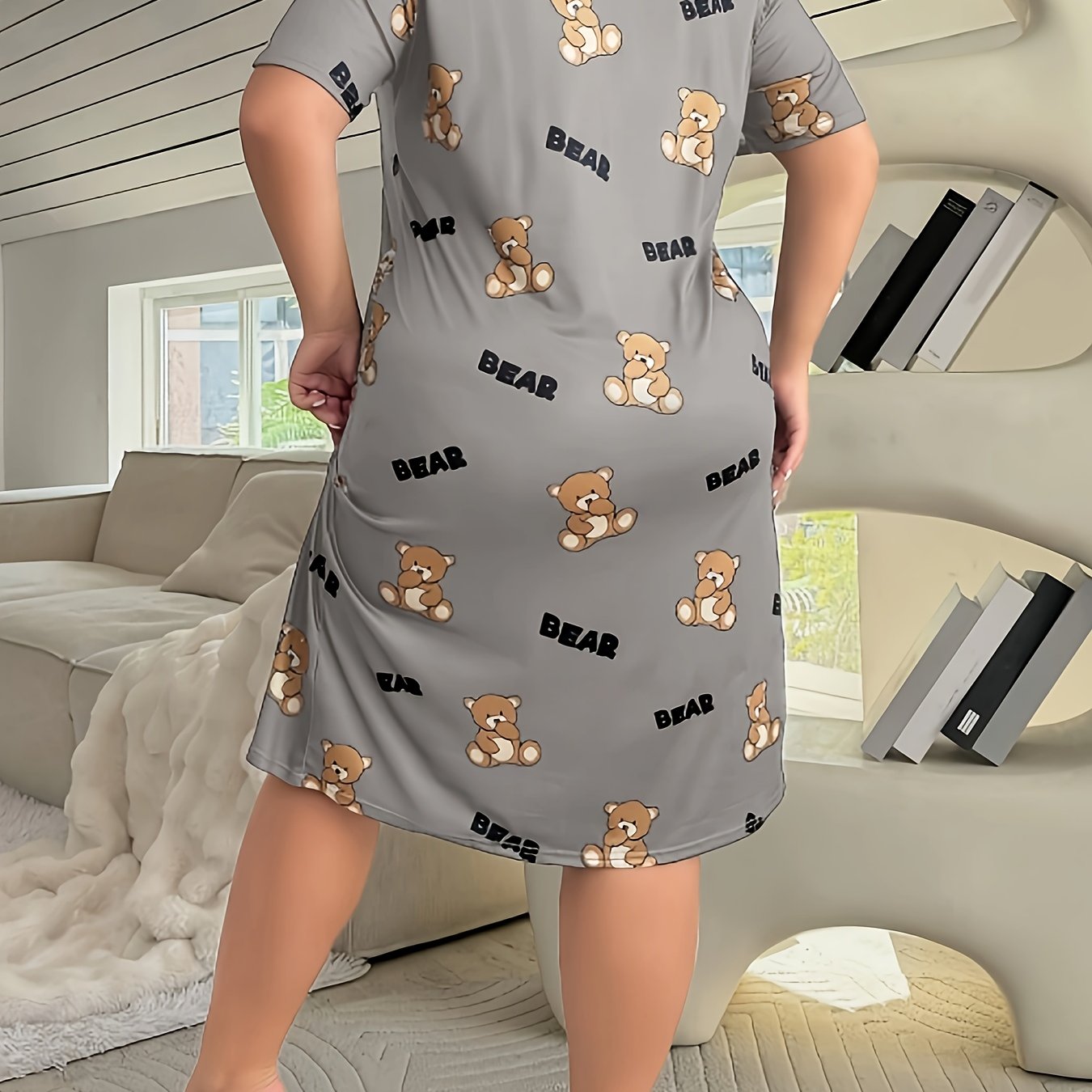 Women's Gray Cartoon Bear Print Sleepshirt Short Sleeve Nightgown