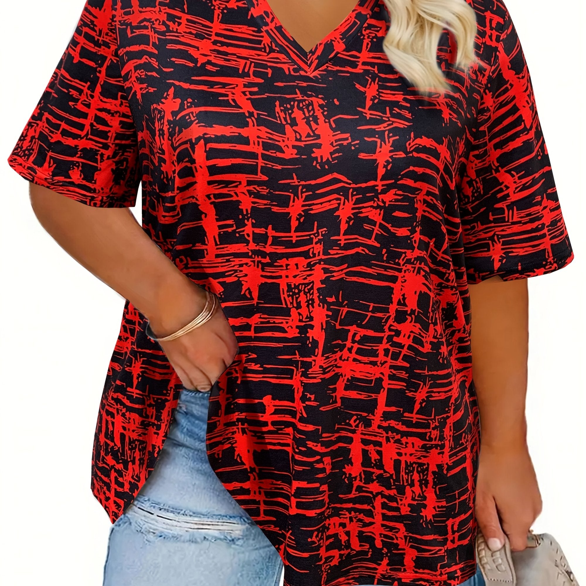 Plus Size Black and White Abstract Print V-Neck T-Shirt for Women Short Sleeve Casual Spring Summer