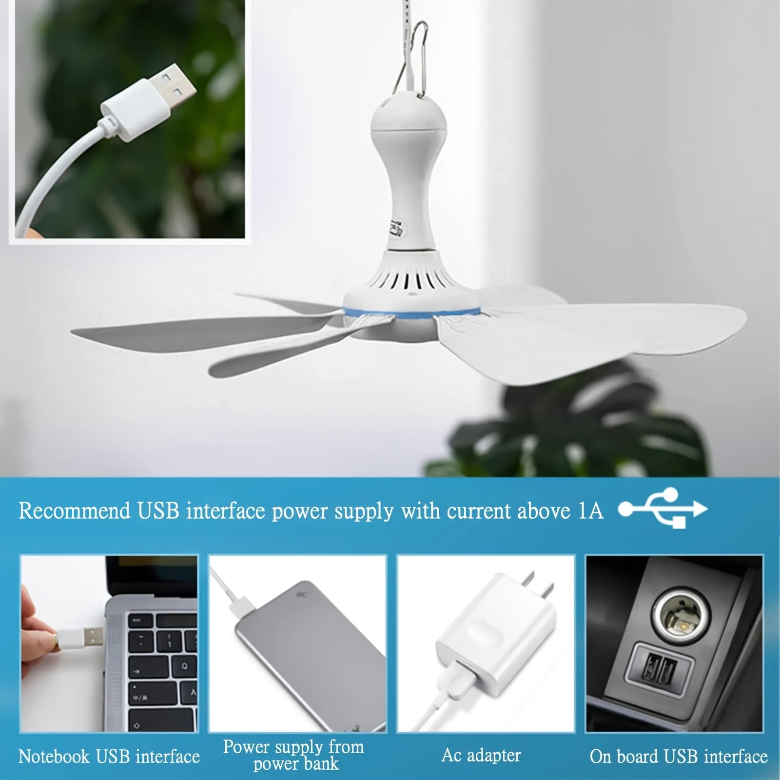 USB Ceiling Fan for Camping Dorms Tents Silent Portable 6-Leaf
