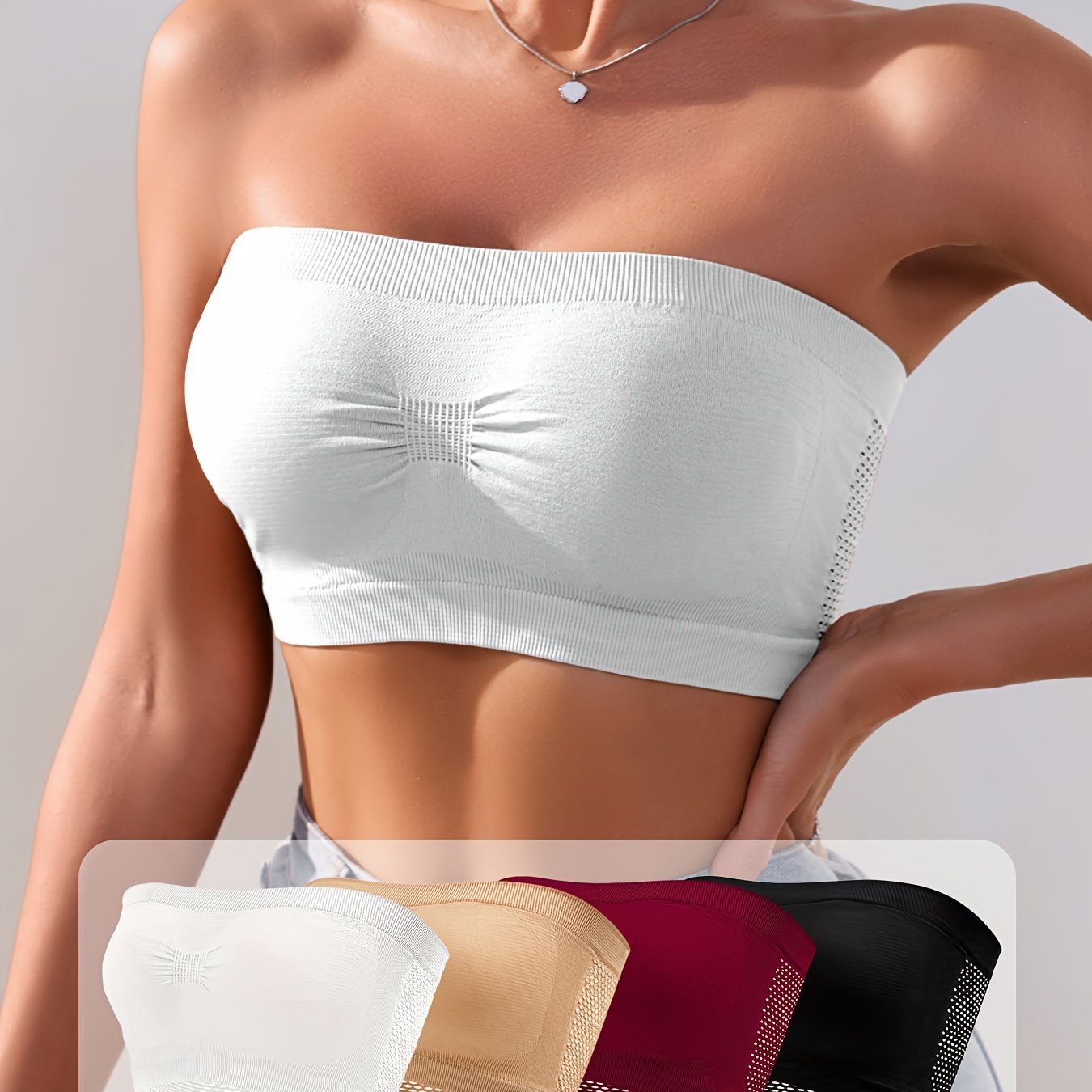 Women's Plus Size Non-Slip Seamless Mesh Bandeau Bra White Beige Burgundy Black