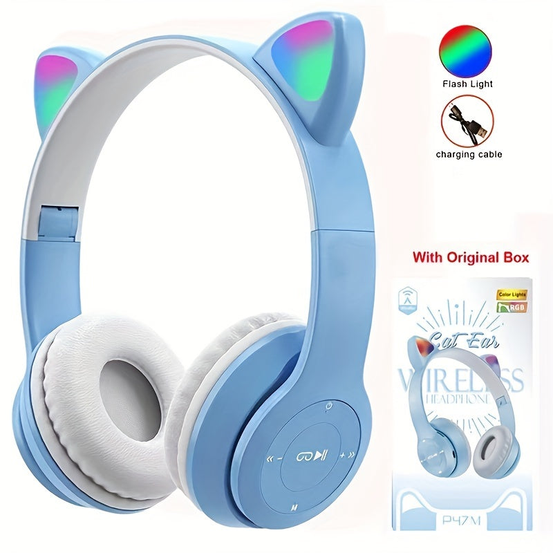 Anime Cat Ear Wireless Headphones with LED Lights Microphone and Volume Control for Cycling