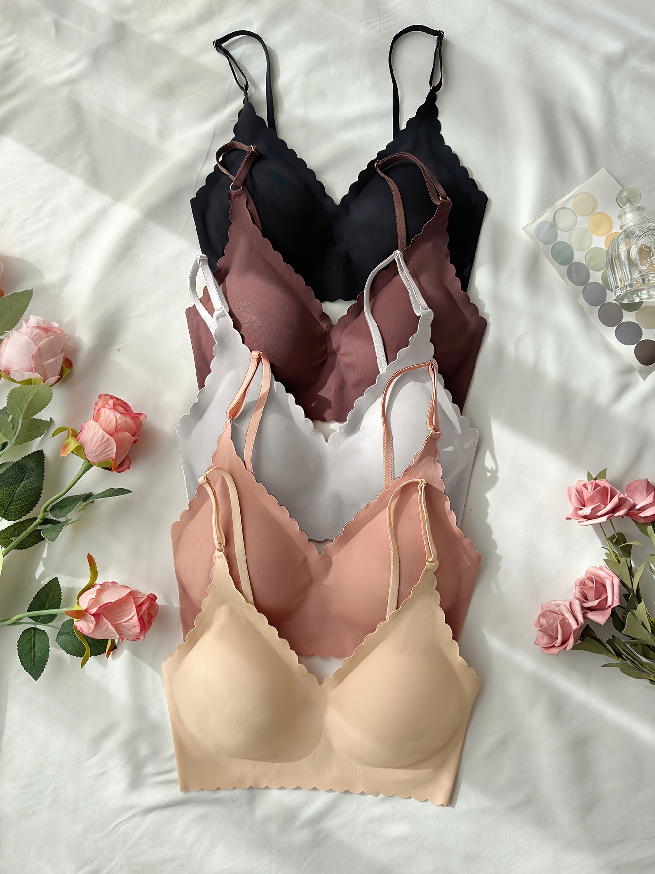 5 Бесшовных женских бралетов с съемными подушечками, без проволоки, однотонные, из эластичного нейлона и спандекса для комфорта.