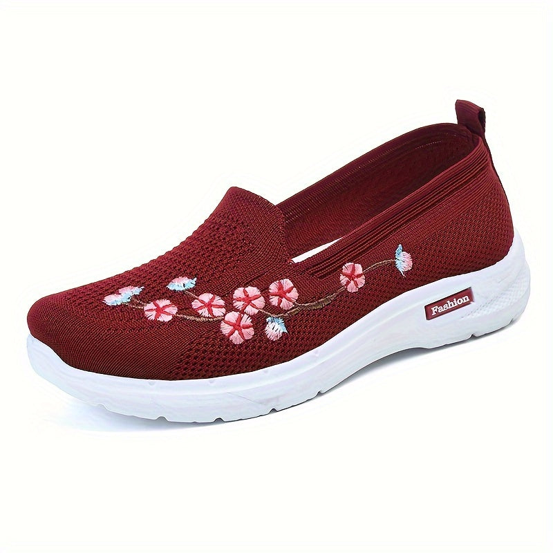 Ladies' Knitted Fabric Running Shoes with Embroidered Double-Layered Soles