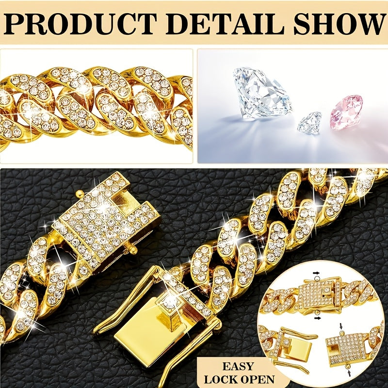 Dog Collar with Rhinestones Cuban Link Stainless Steel 13mm Wide Adjustable