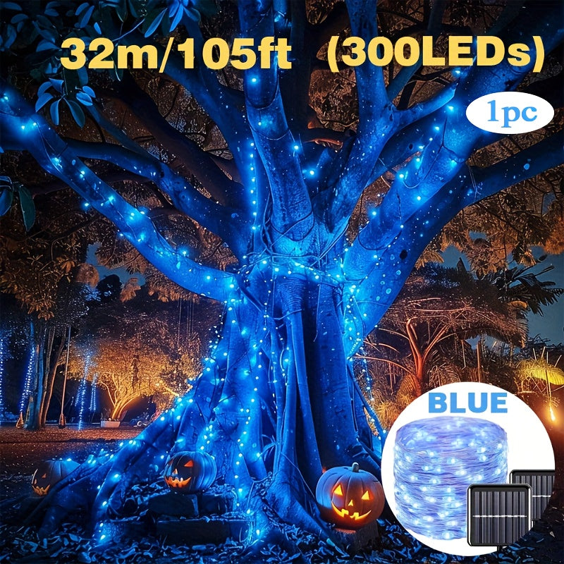 Blue Copper Wire String Lights Solar Powered Dimmable 8 Modes