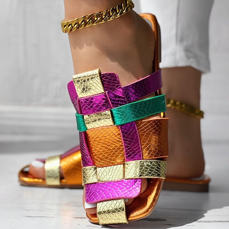 Women's Color-Block Faux Leather Slip-On Square Toe Sandals with Gold and Purple Accents