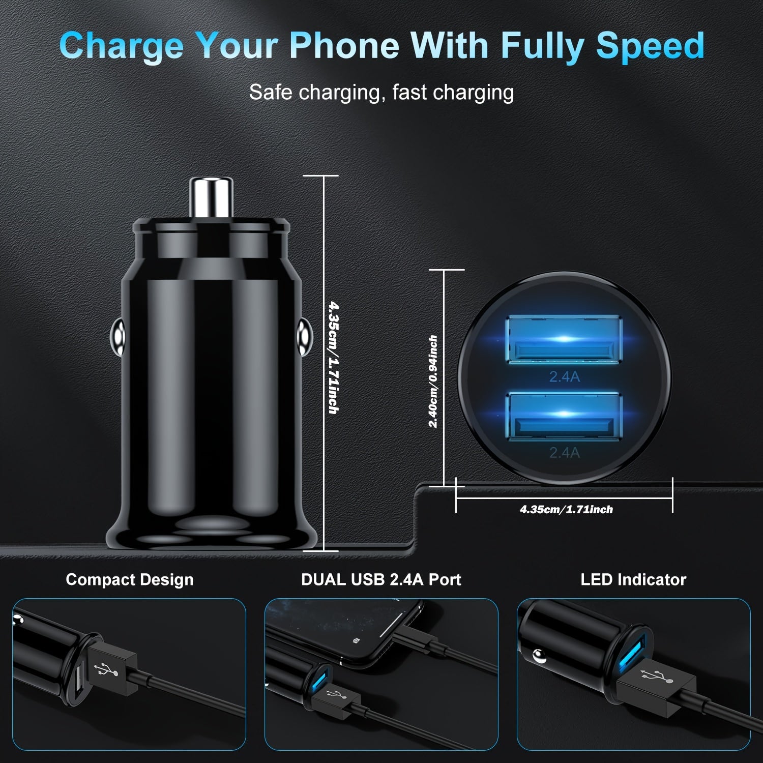 Universal avtomobil zaryadlovchi tez zaryadlash adapteri 4.8A iPhone va qurilmalar uchun