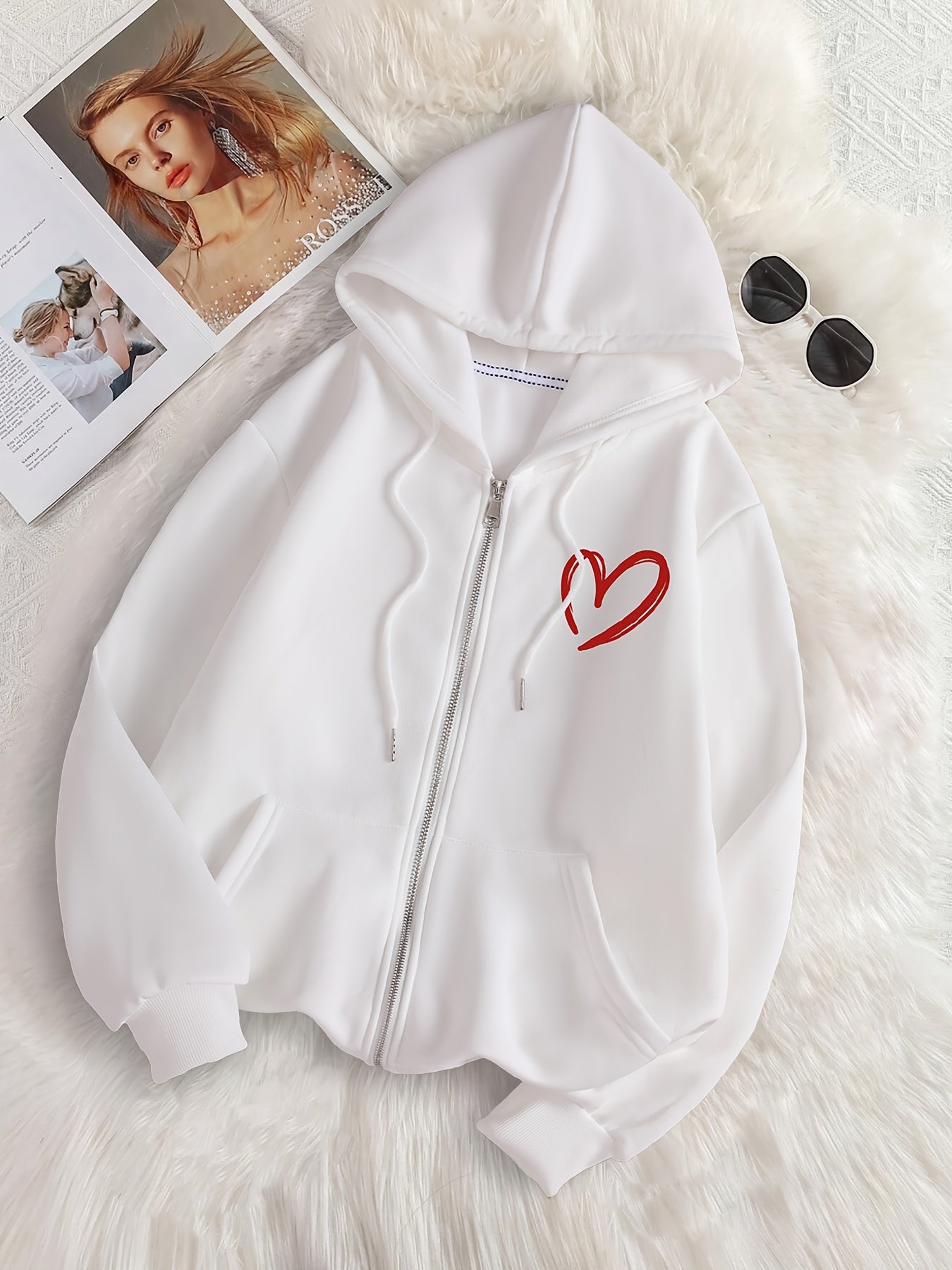 Women's Hooded Zip-Up Hoodie with Heart Print, Long Sleeves, Fall Winter Polyester