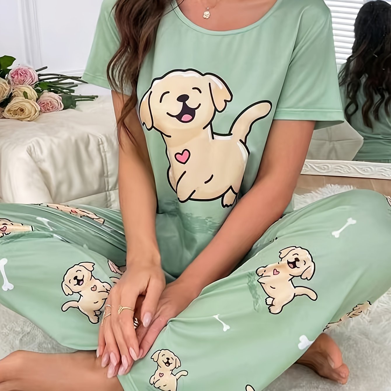 Women's Sleepwear Set with Puppy Print Short Sleeve Top and Elastic Pants