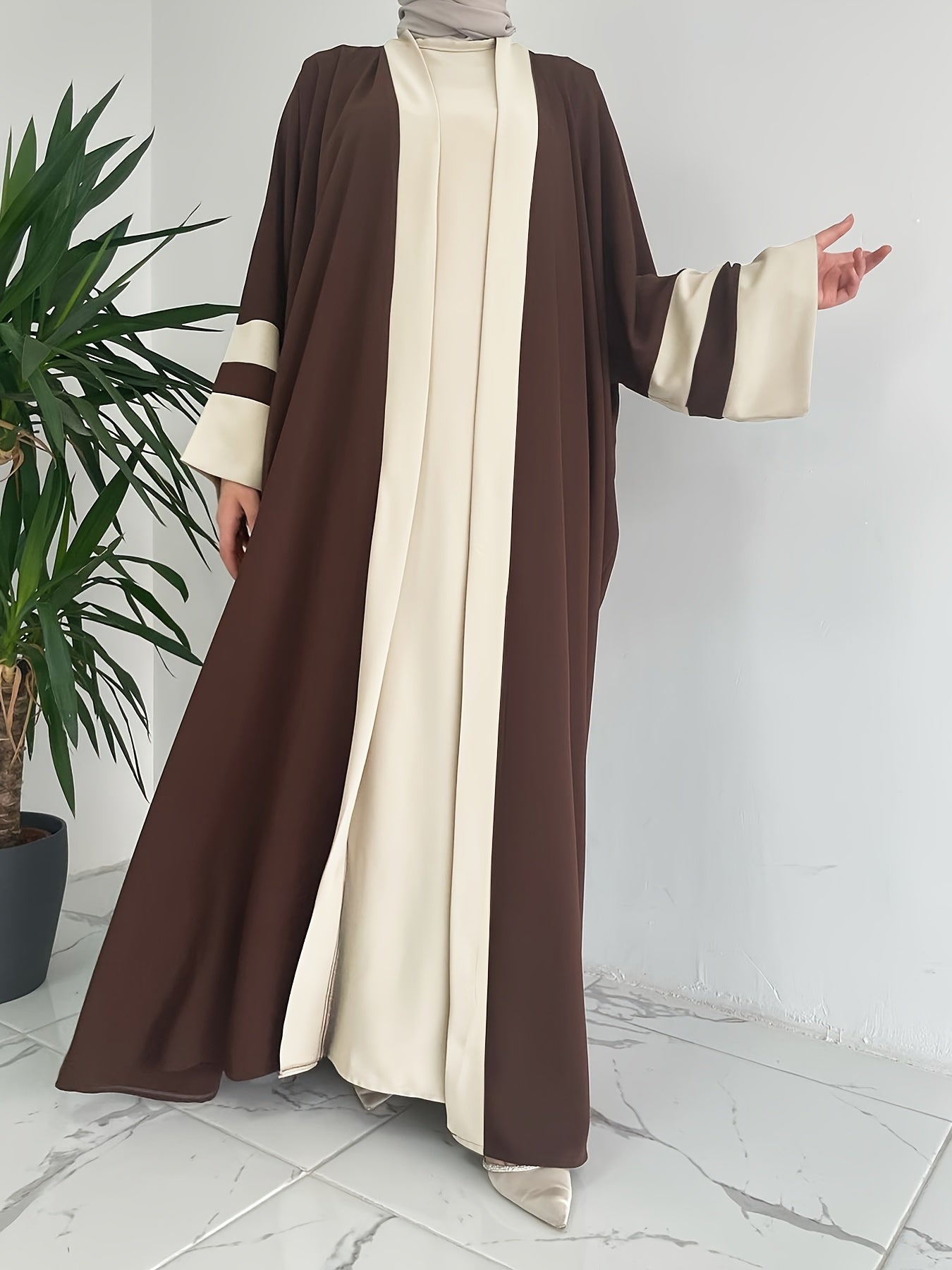 Women's Kaftan Dress Set Crew Neck Maxi Tank Dress Open Front Robe Solid Color